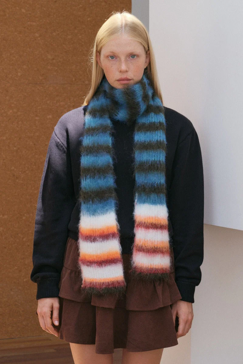 Contrast Striped Narrow Soft Wool Blend Knitted Scarf - Image 5