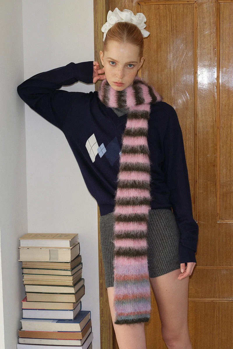 Contrast Striped Narrow Soft Wool Blend Knitted Scarf - Image 6