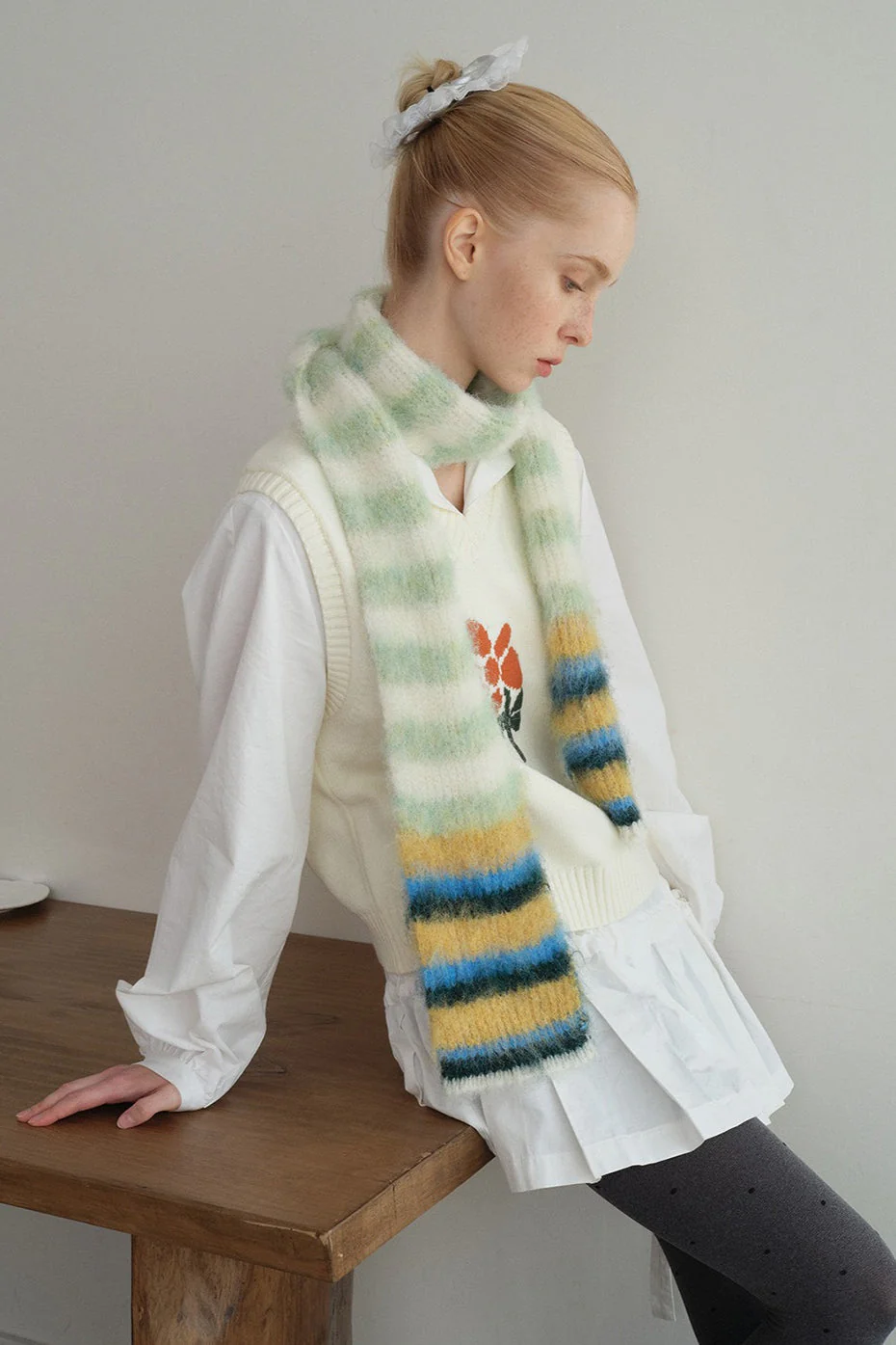 Contrast Striped Narrow Soft Wool Blend Knitted Scarf - Image 9