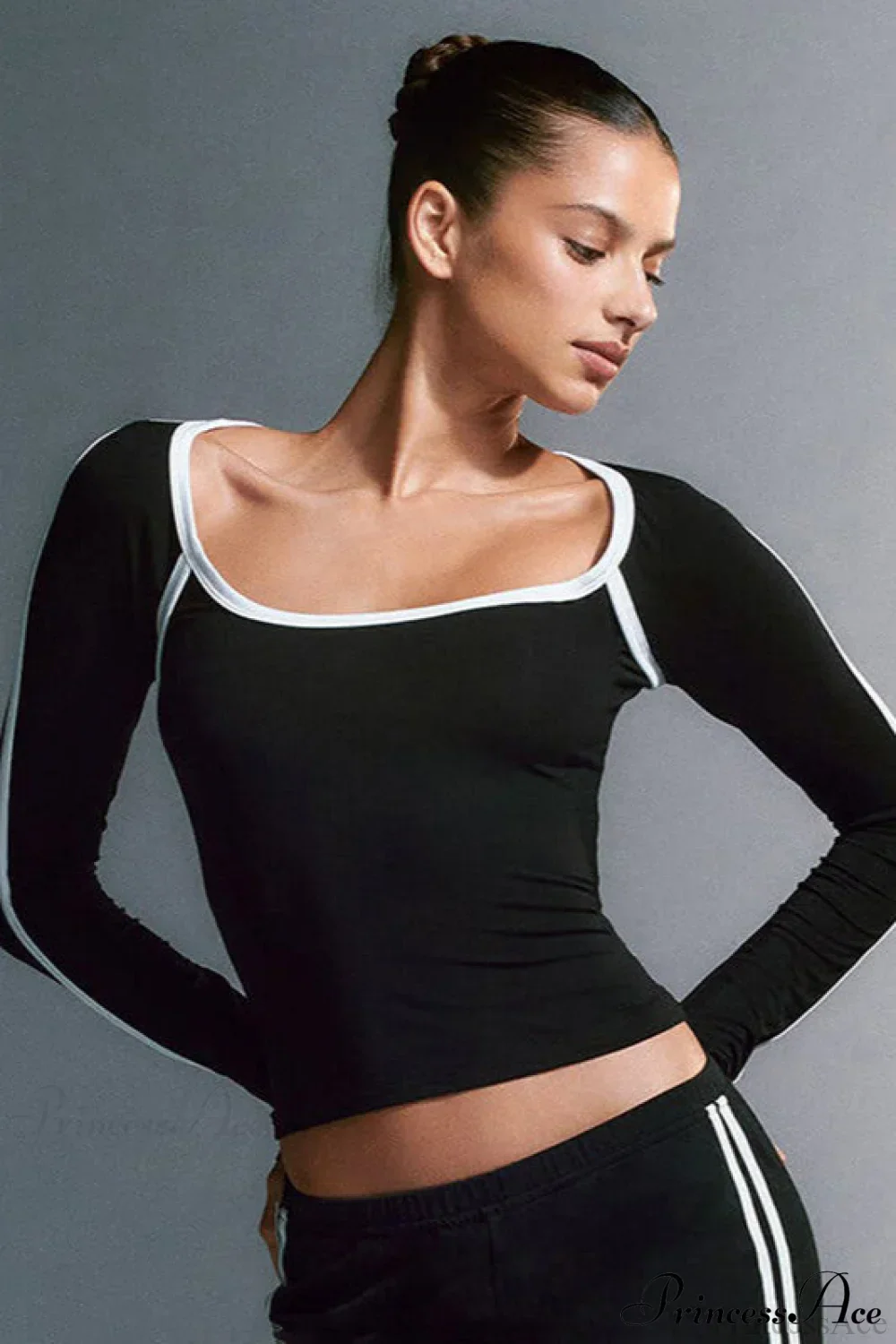 Contrast Trim Square Neck Long Sleeve Tee - Image 2