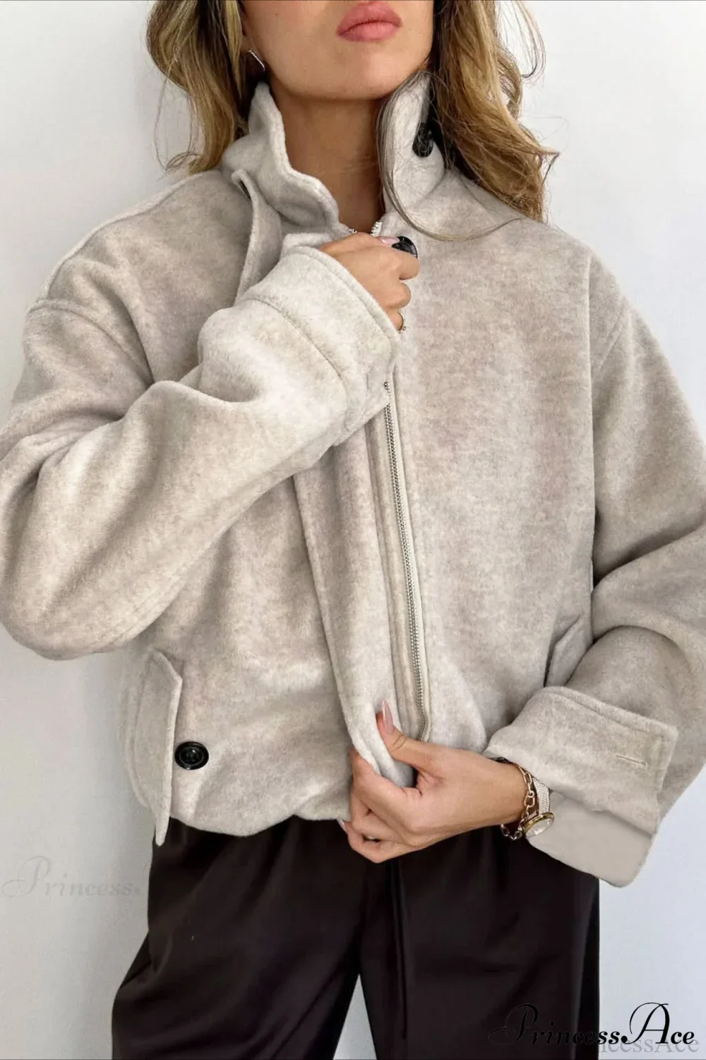 Elegant Wool Zip Short Loose Coat - Image 3