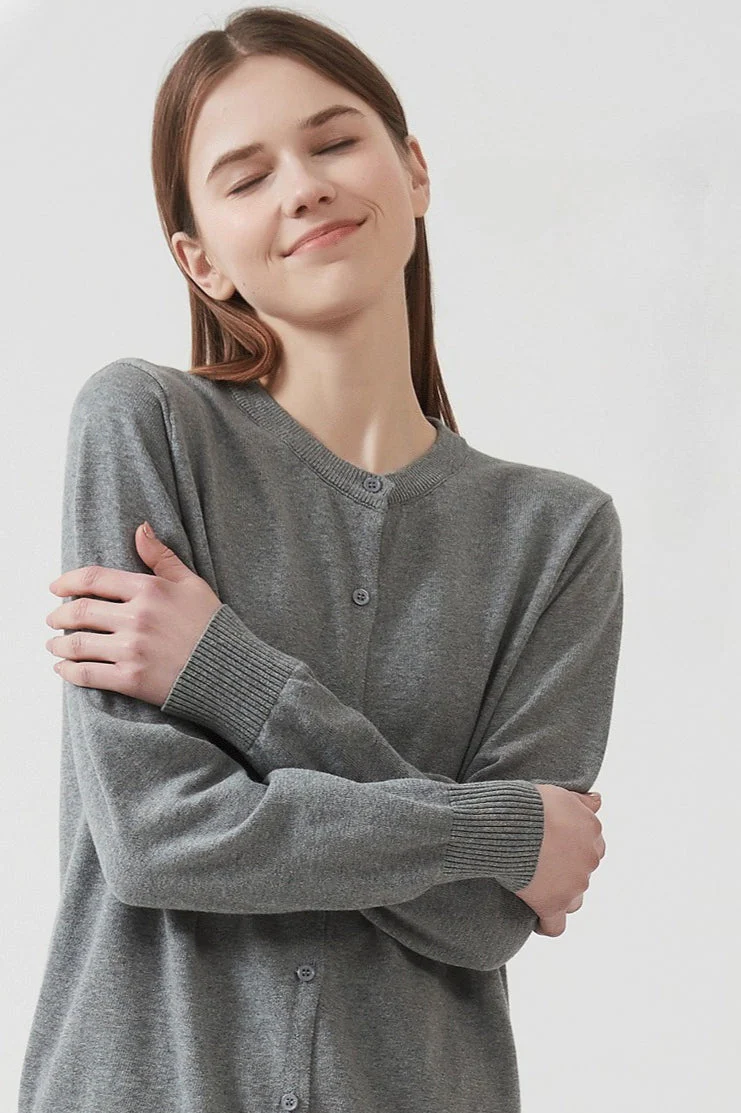 Cotton Crew-Neck Lightweight Knit Outerwear Cardigan - Image 3