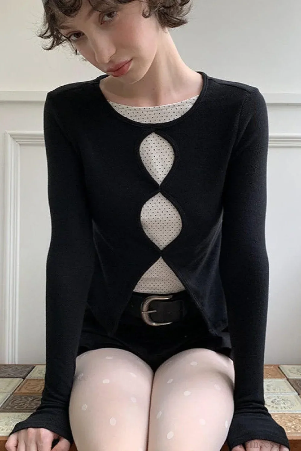 Cotton Cropped Faux Two-Piece Slim Long Sleeve Tee