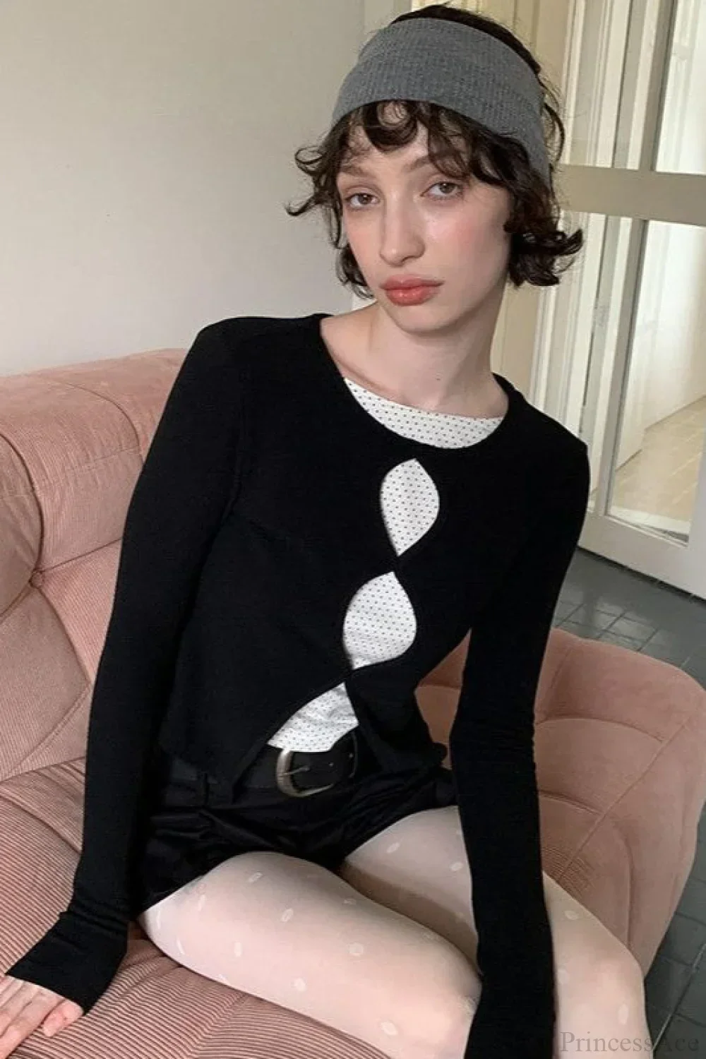 Cotton Cropped Faux Two-Piece Slim Long Sleeve Tee - Image 2