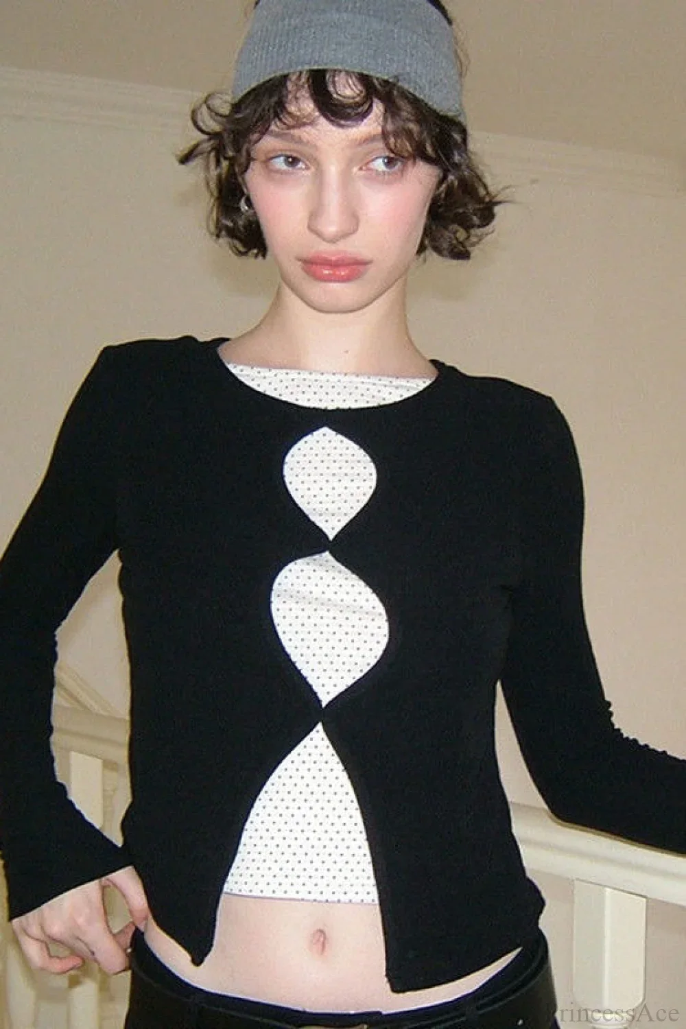 Cotton Cropped Faux Two-Piece Slim Long Sleeve Tee - Image 4