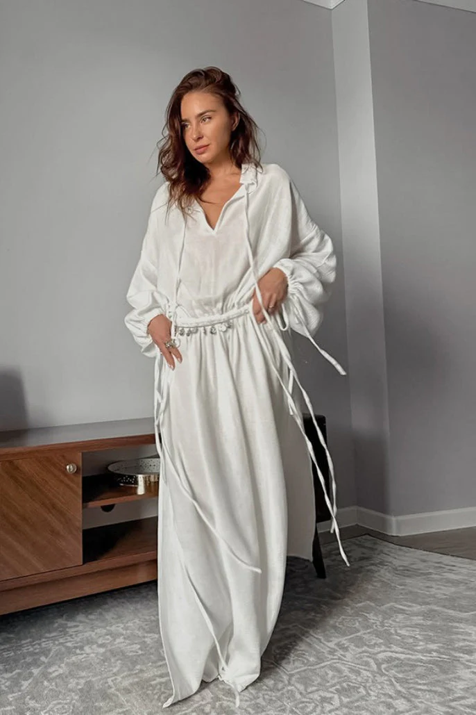 Cotton Cutout Tie Waist Long Sleeve Maxi Dress - Image 2