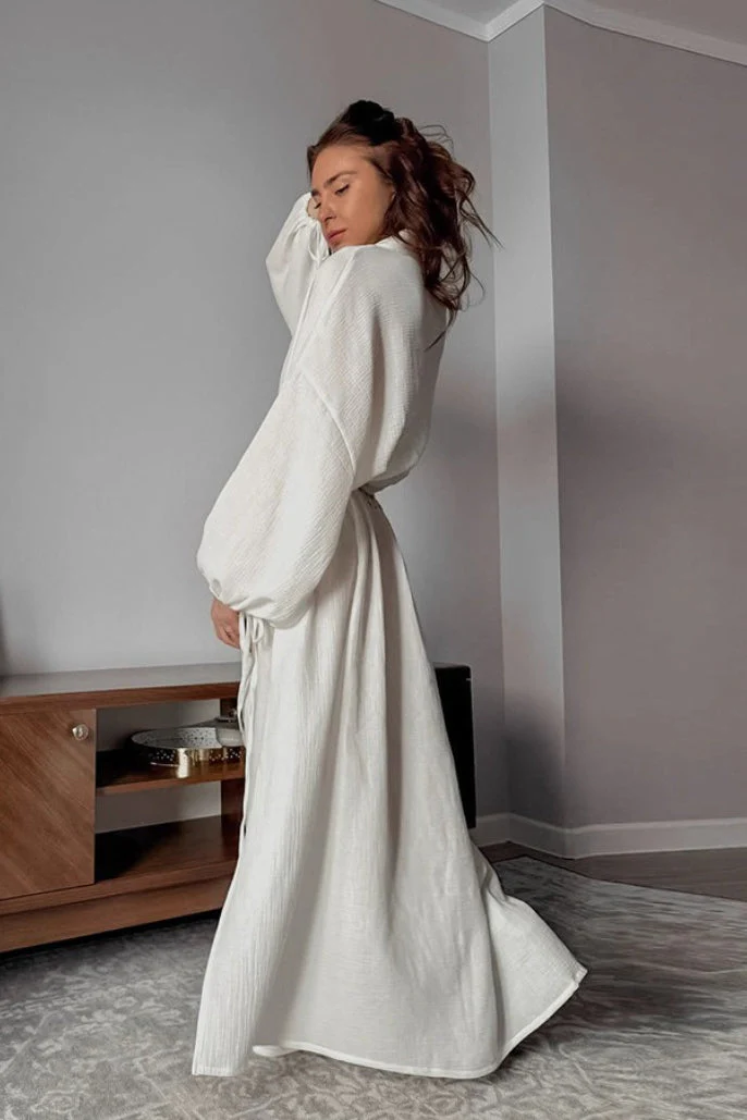 Cotton Cutout Tie Waist Long Sleeve Maxi Dress - Image 6