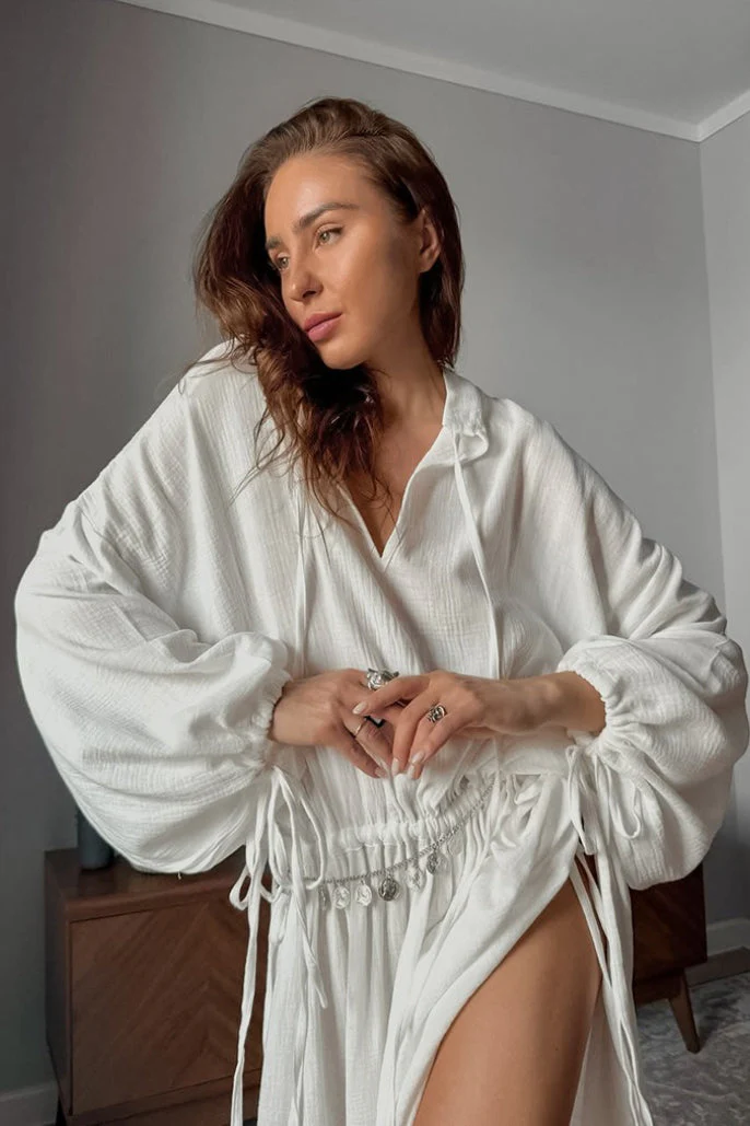 Cotton Cutout Tie Waist Long Sleeve Maxi Dress - Image 8
