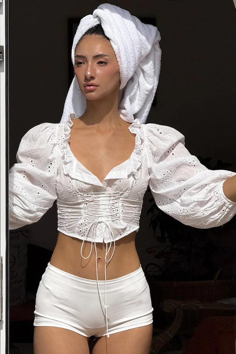 Cotton Hollow Puff Sleeve V Neck Tie Blouse - Image 6