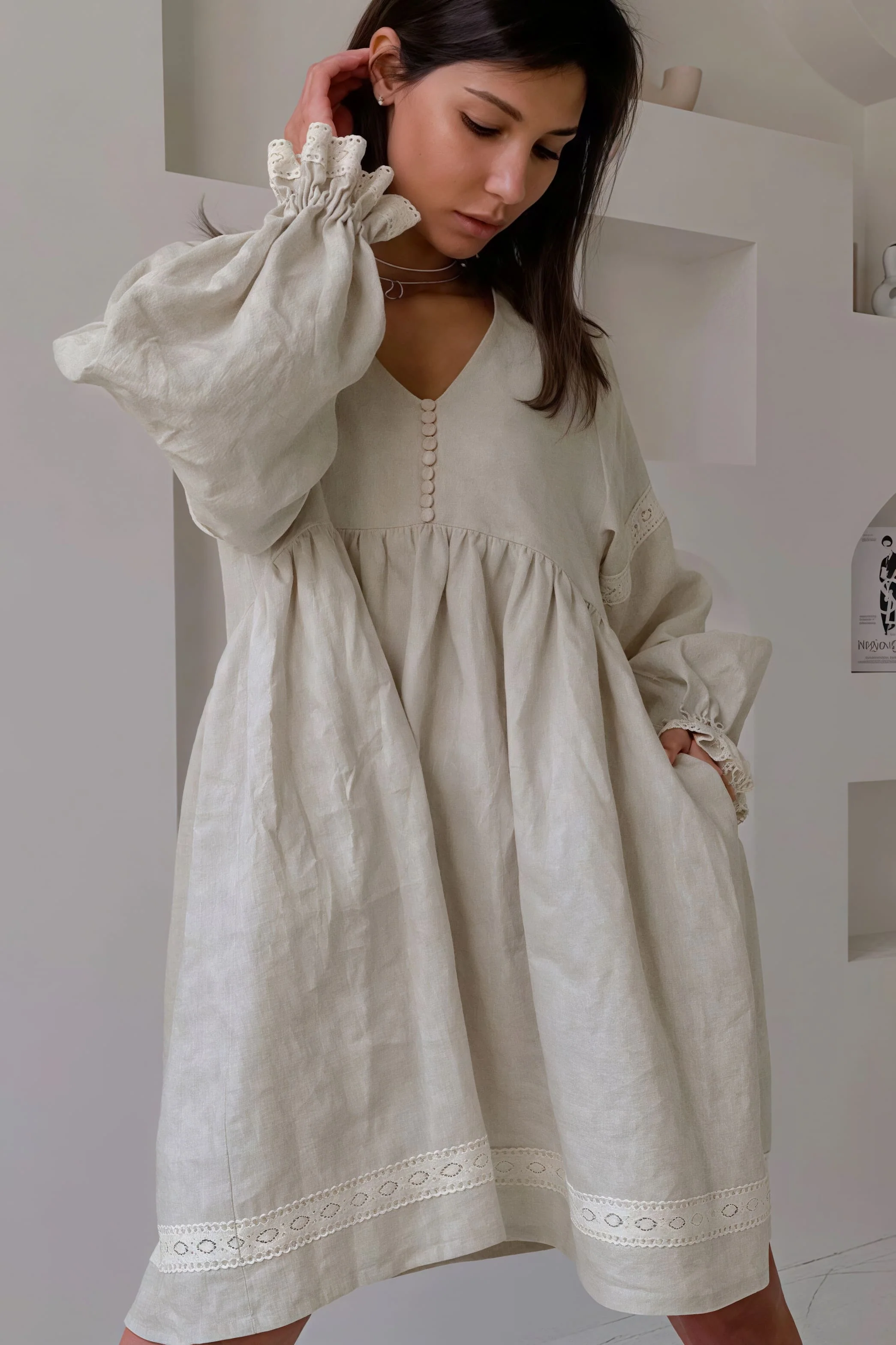 Cotton Linen V Neck Lantern Sleeve Loose Mini Dress - Image 3