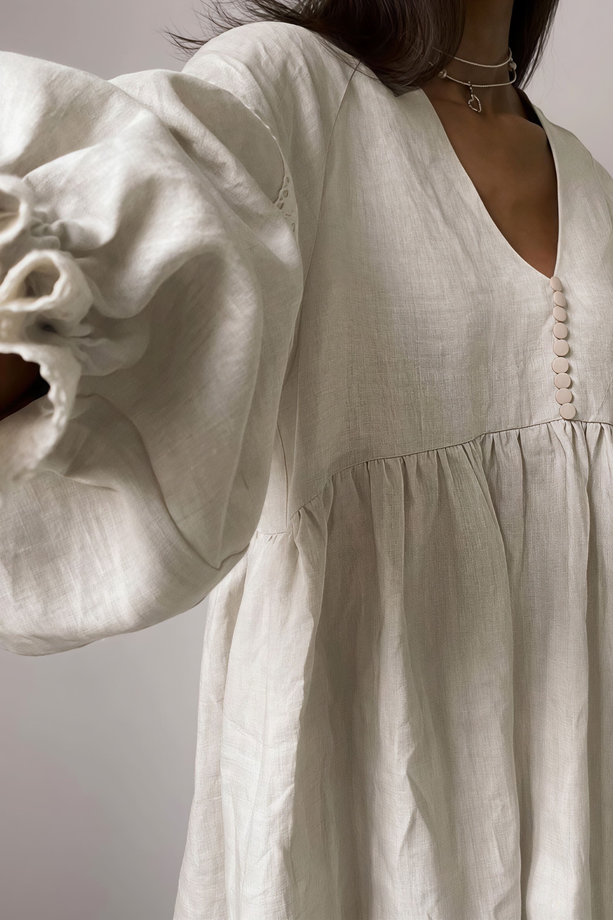 Cotton Linen V Neck Lantern Sleeve Loose Mini Dress - Image 4