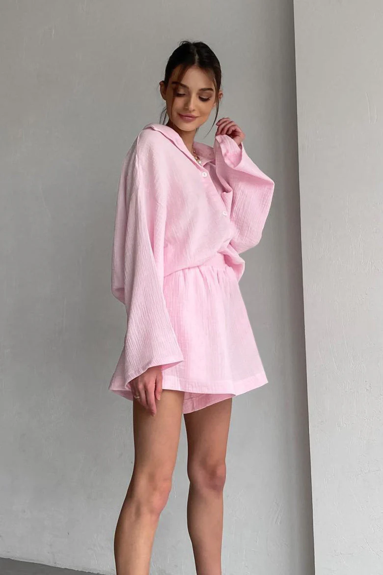 Cotton Long Sleeve Shirt Wide Leg Pants Two Piece Set - Image 2