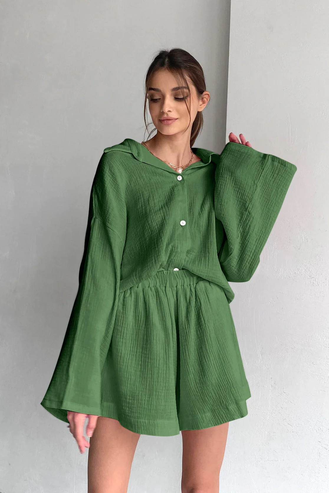 Cotton Long Sleeve Shirt Wide Leg Pants Two Piece Set - Image 4