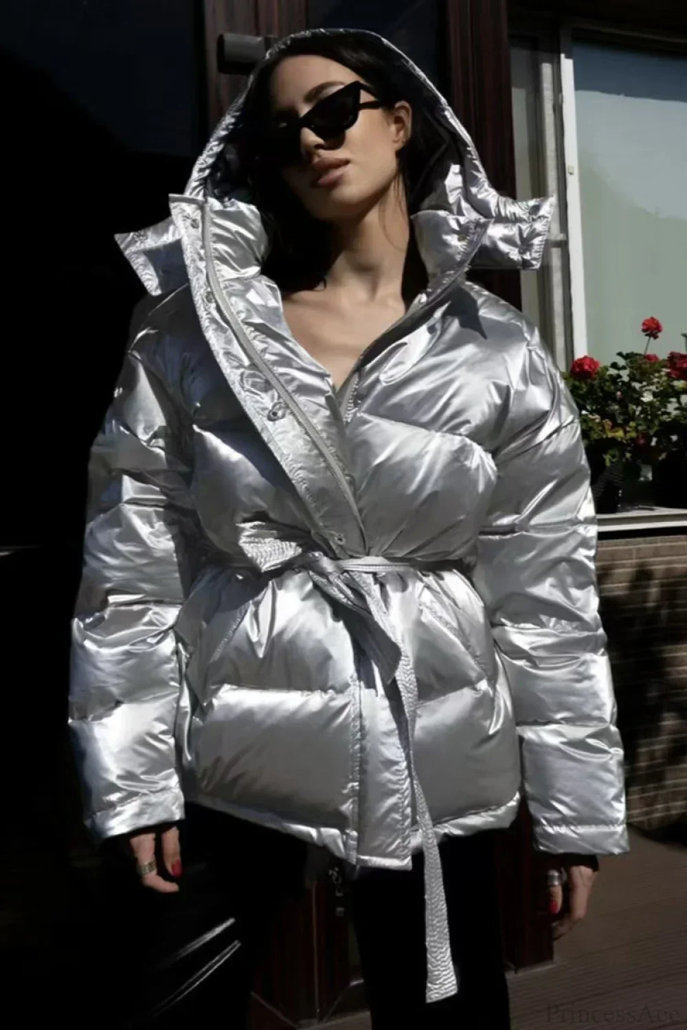 Cotton Padded Metallic Color Belt Pocket Coat