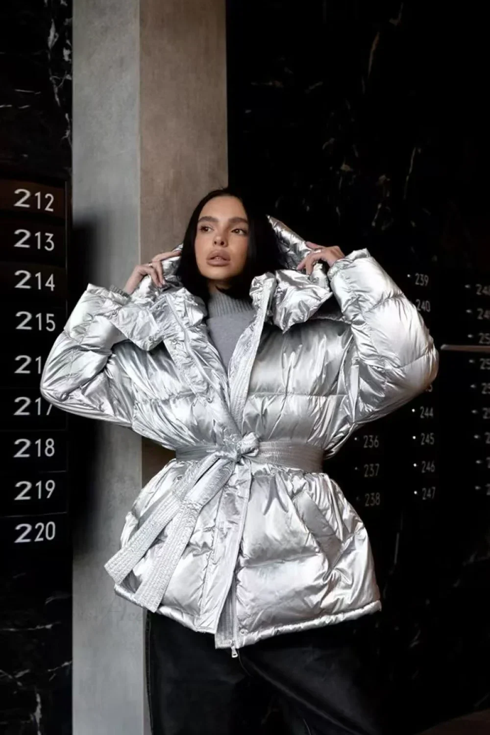 Cotton Padded Metallic Color Belt Pocket Coat - Image 3