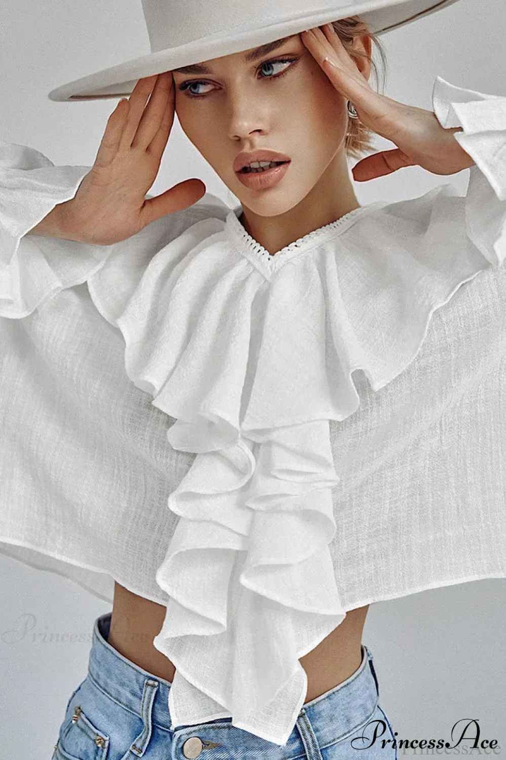 Cotton Ruffled V Neck Pullover Blouse - Image 2