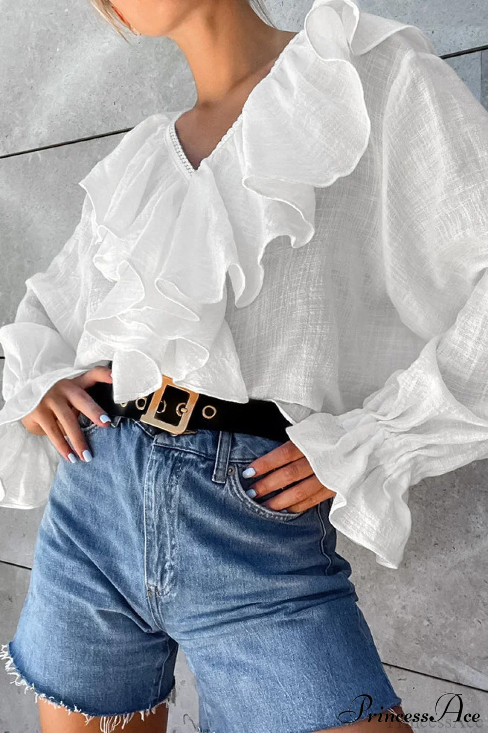 Cotton Ruffled V Neck Pullover Blouse - Image 3