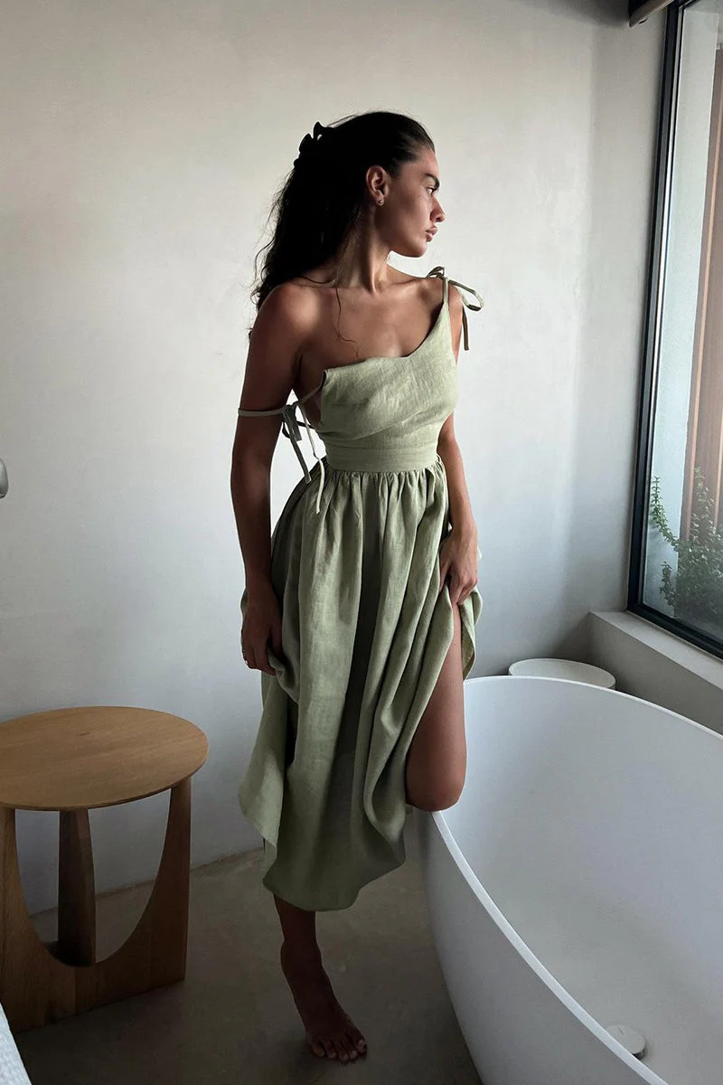 Cotton V Neck Spaghetti Strap Elegant Tie Backless Midi Dress - Image 10