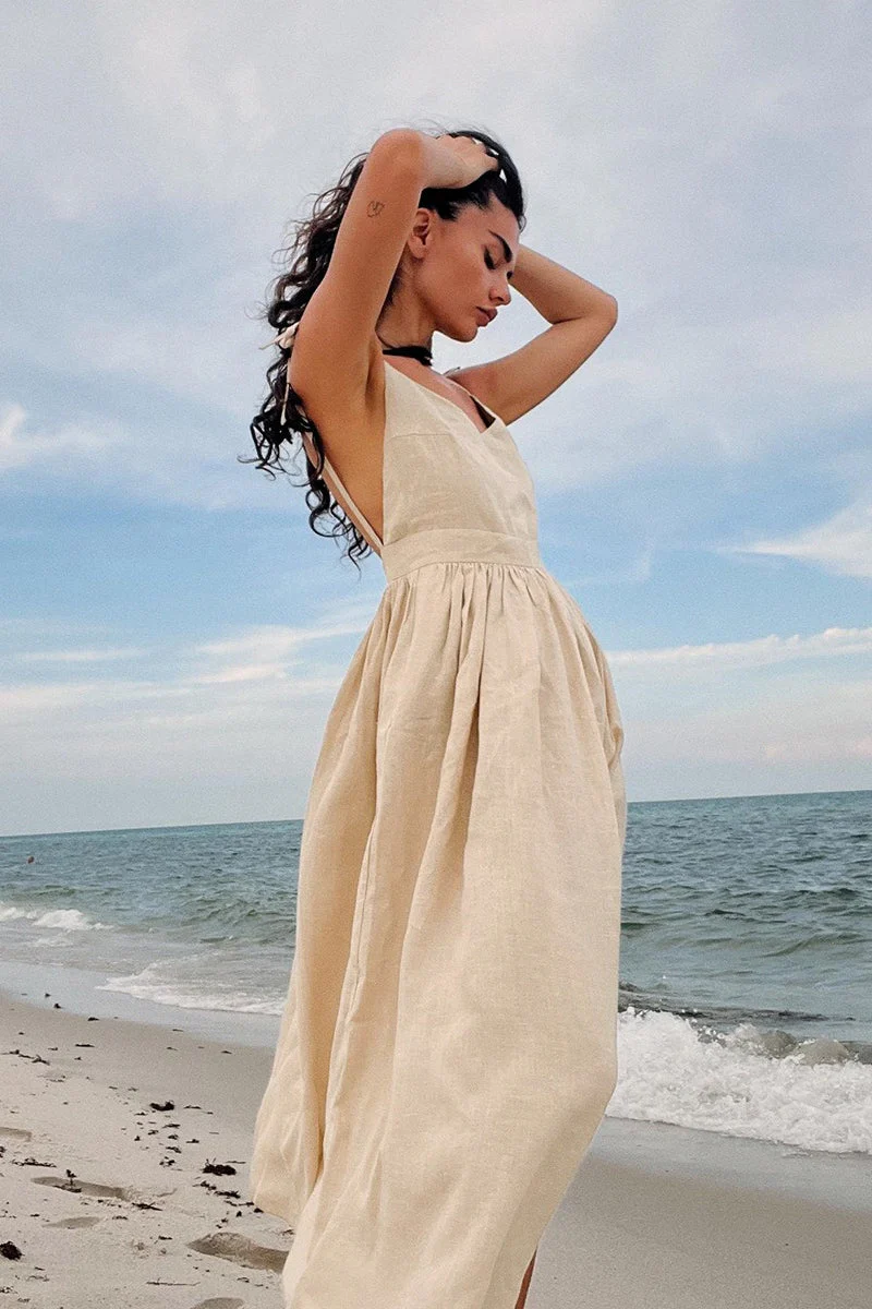 Cotton V Neck Spaghetti Strap Elegant Tie Backless Midi Dress - Image 2