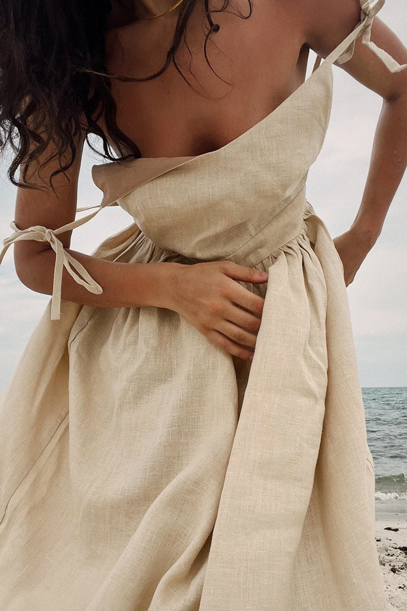 Cotton V Neck Spaghetti Strap Elegant Tie Backless Midi Dress - Image 5