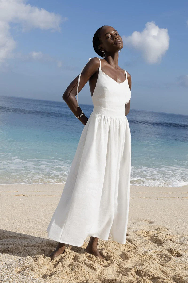 Cotton V Neck Spaghetti Strap Elegant Tie Backless Midi Dress - Image 6