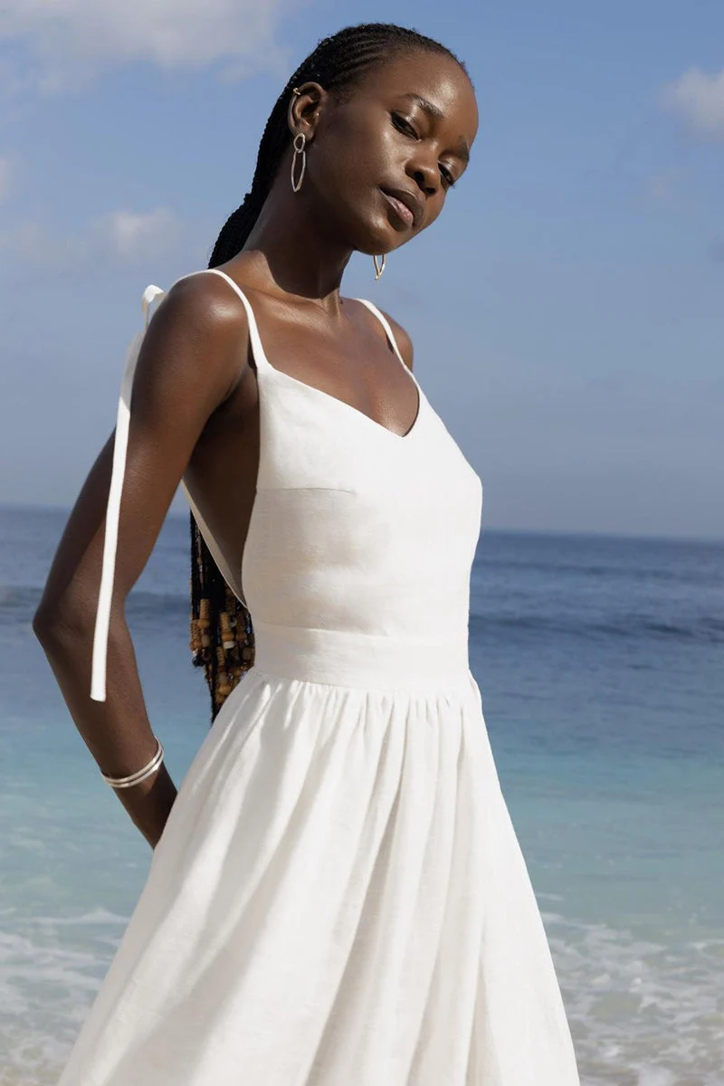 Cotton V Neck Spaghetti Strap Elegant Tie Backless Midi Dress - Image 7