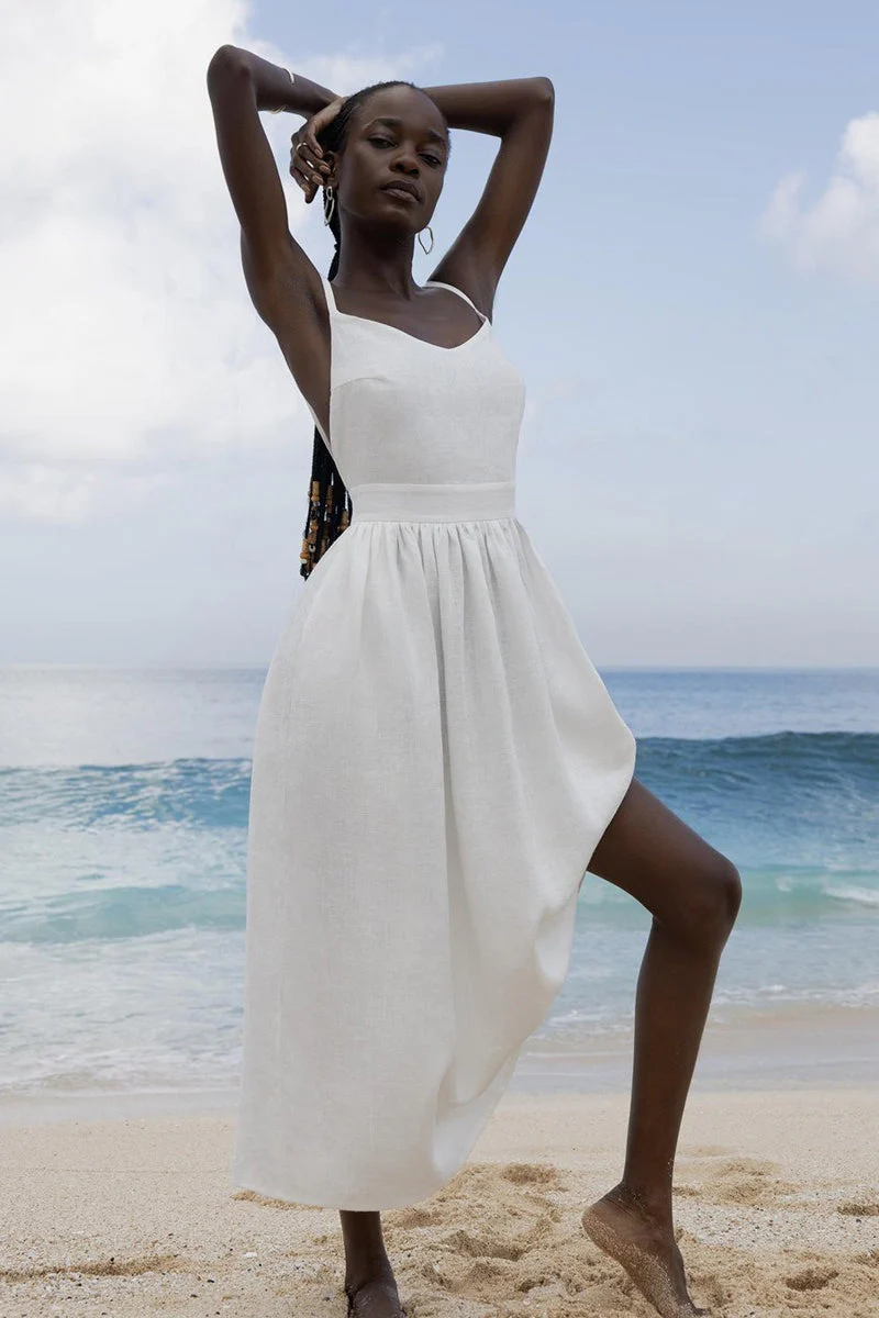 Cotton V Neck Spaghetti Strap Elegant Tie Backless Midi Dress - Image 8