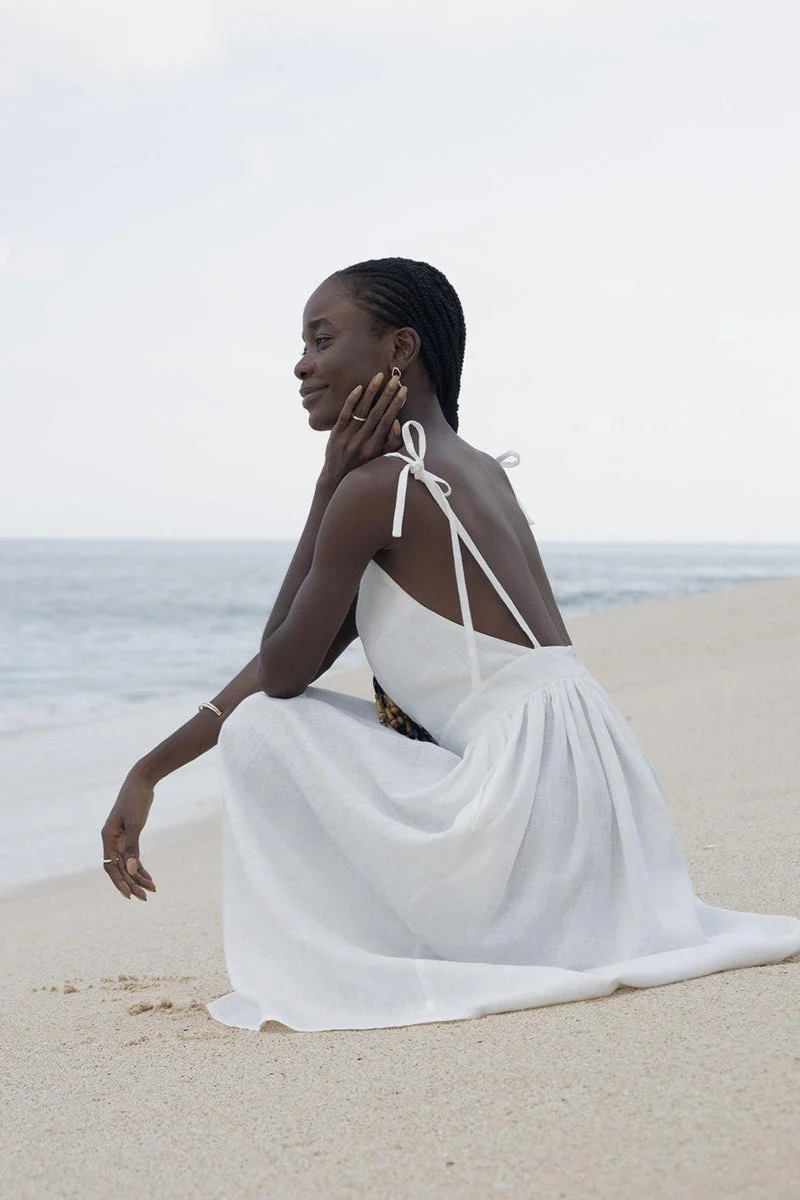 Cotton V Neck Spaghetti Strap Elegant Tie Backless Midi Dress - Image 9