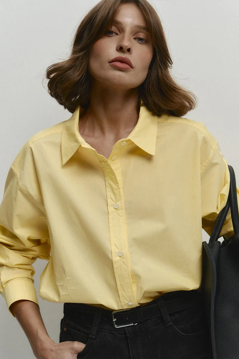 Cotton Yellow Button Down Loose Commuter Blouse - Image 2