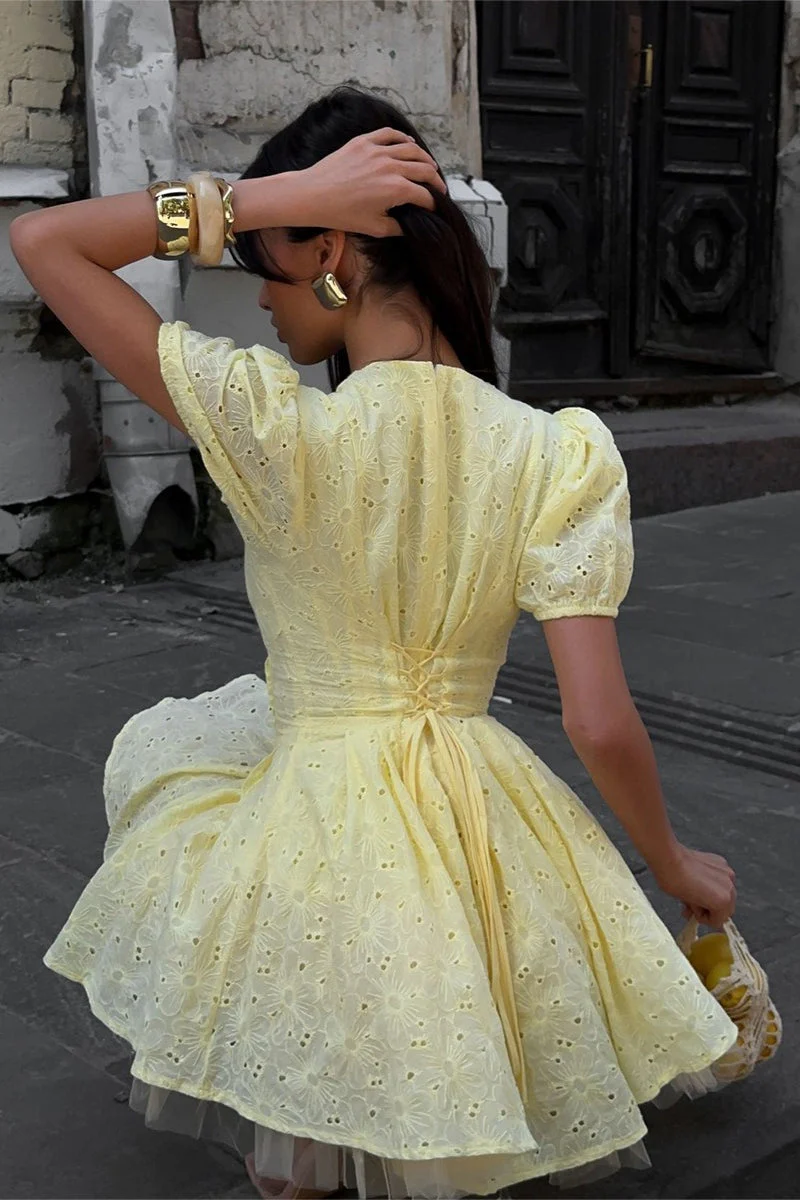 Cotton Yellow Embroidered Tie Waist Mini Dress - Image 6