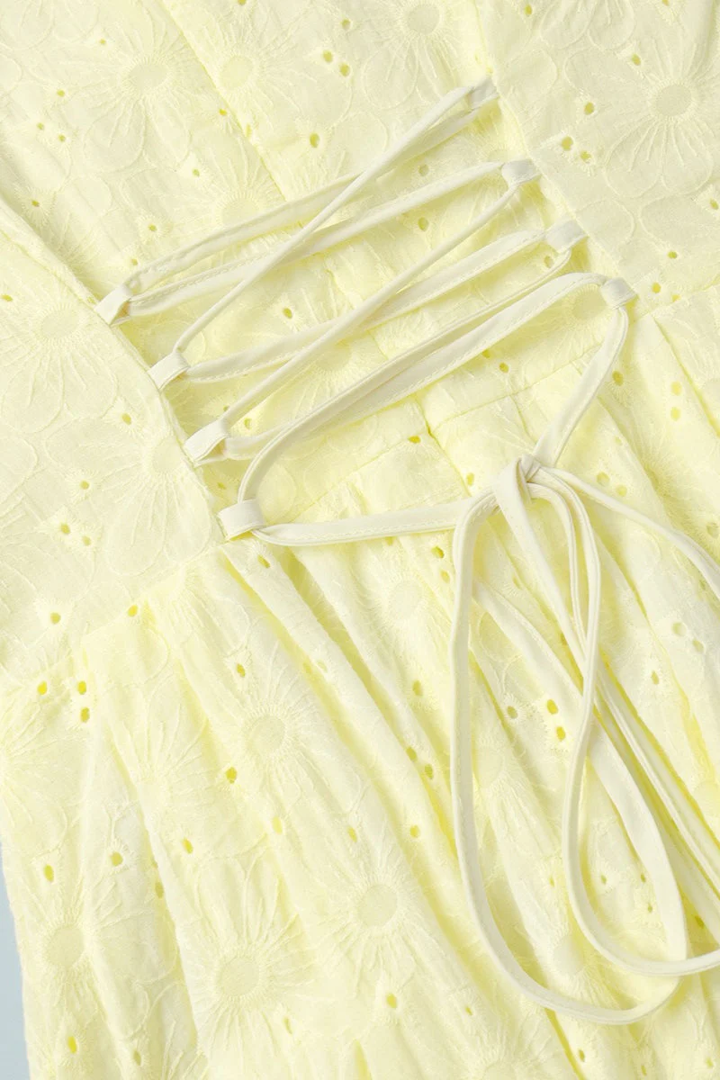Cotton Yellow Embroidered Tie Waist Mini Dress - Image 7