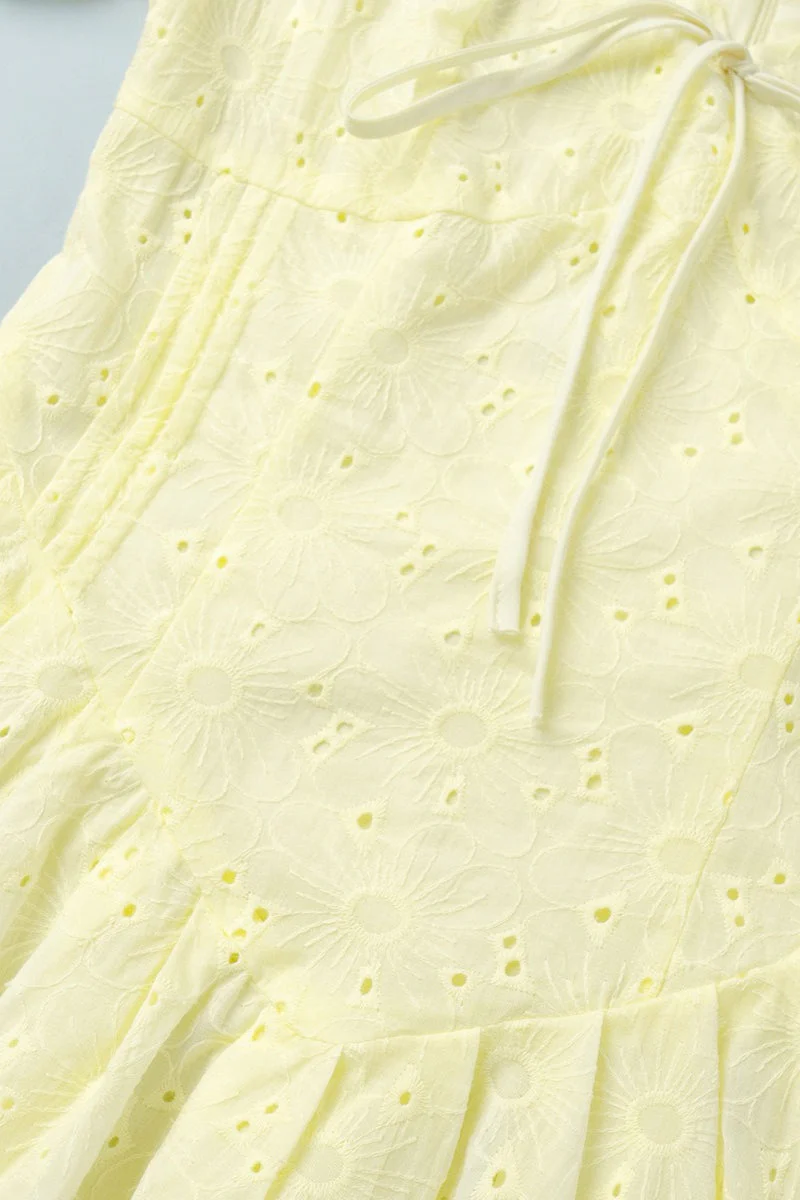 Cotton Yellow Embroidered Tie Waist Mini Dress - Image 8