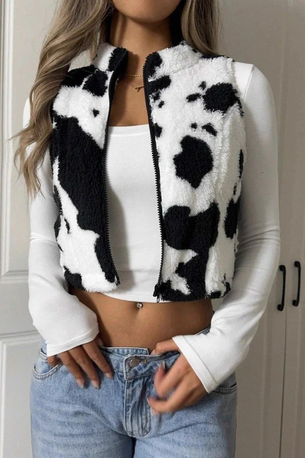 Cow Print Zipper Fuzzy Sleeveless Vest - Image 2