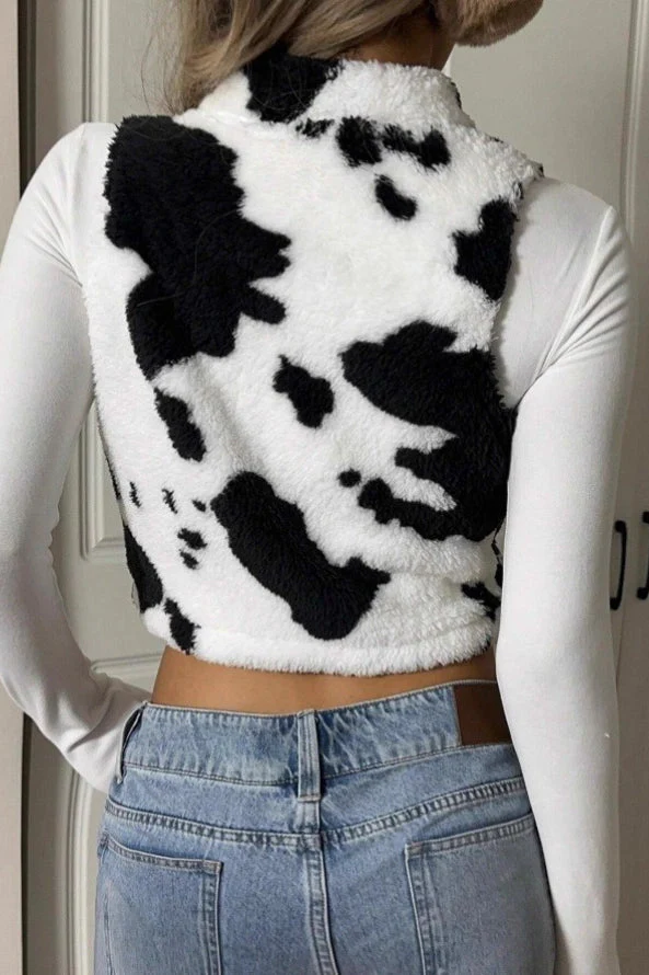 Cow Print Zipper Fuzzy Sleeveless Vest - Image 3