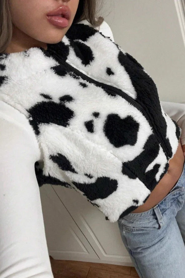 Cow Print Zipper Fuzzy Sleeveless Vest - Image 4