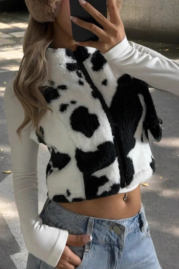 Cow Print Zipper Fuzzy Sleeveless Vest - Image 5