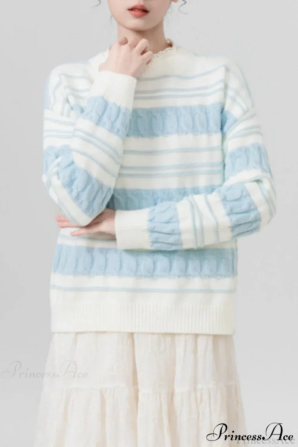 Creamy Stripe Cable-Knit Loose Sweater - Image 2