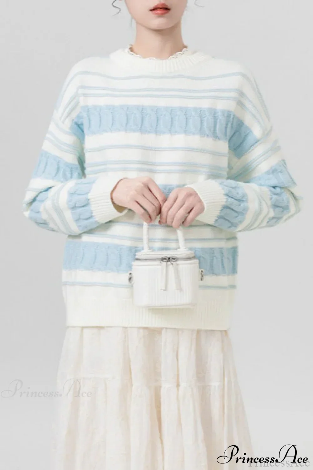 Creamy Stripe Cable-Knit Loose Sweater - Image 3