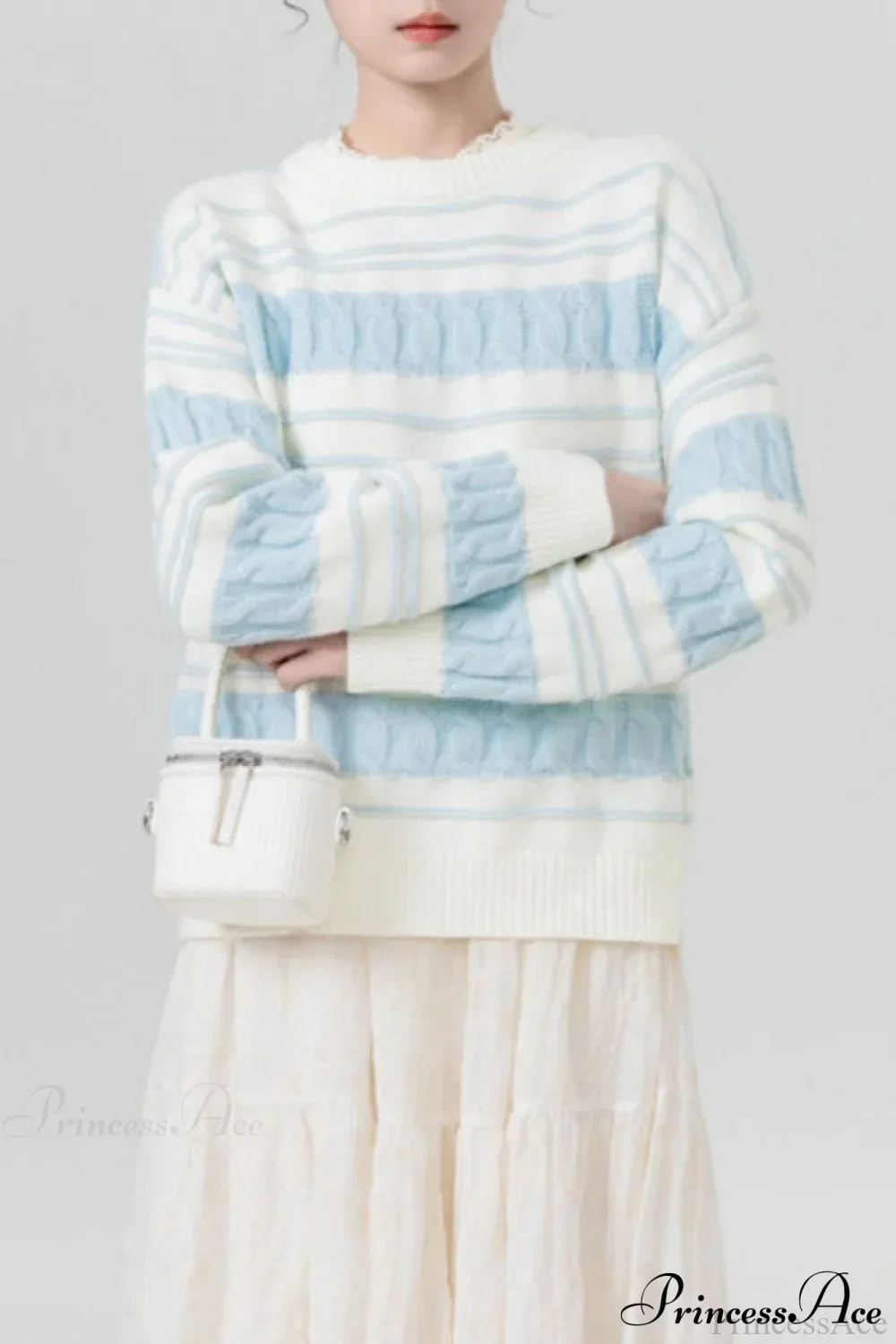 Creamy Stripe Cable-Knit Loose Sweater - Image 4