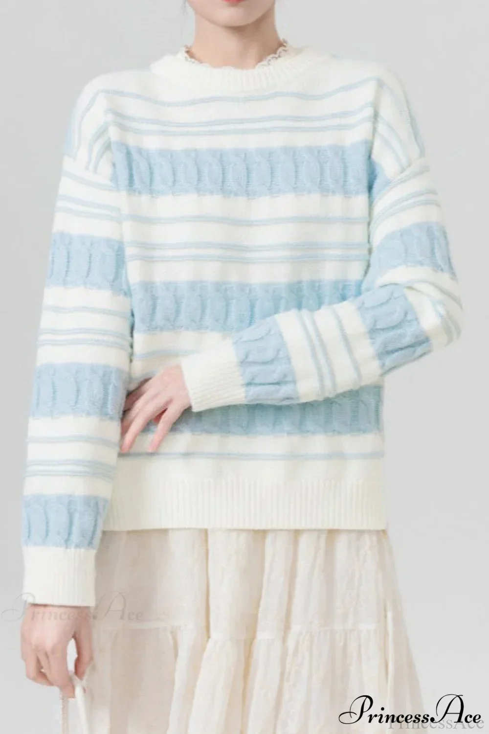 Creamy Stripe Cable-Knit Loose Sweater - Image 5