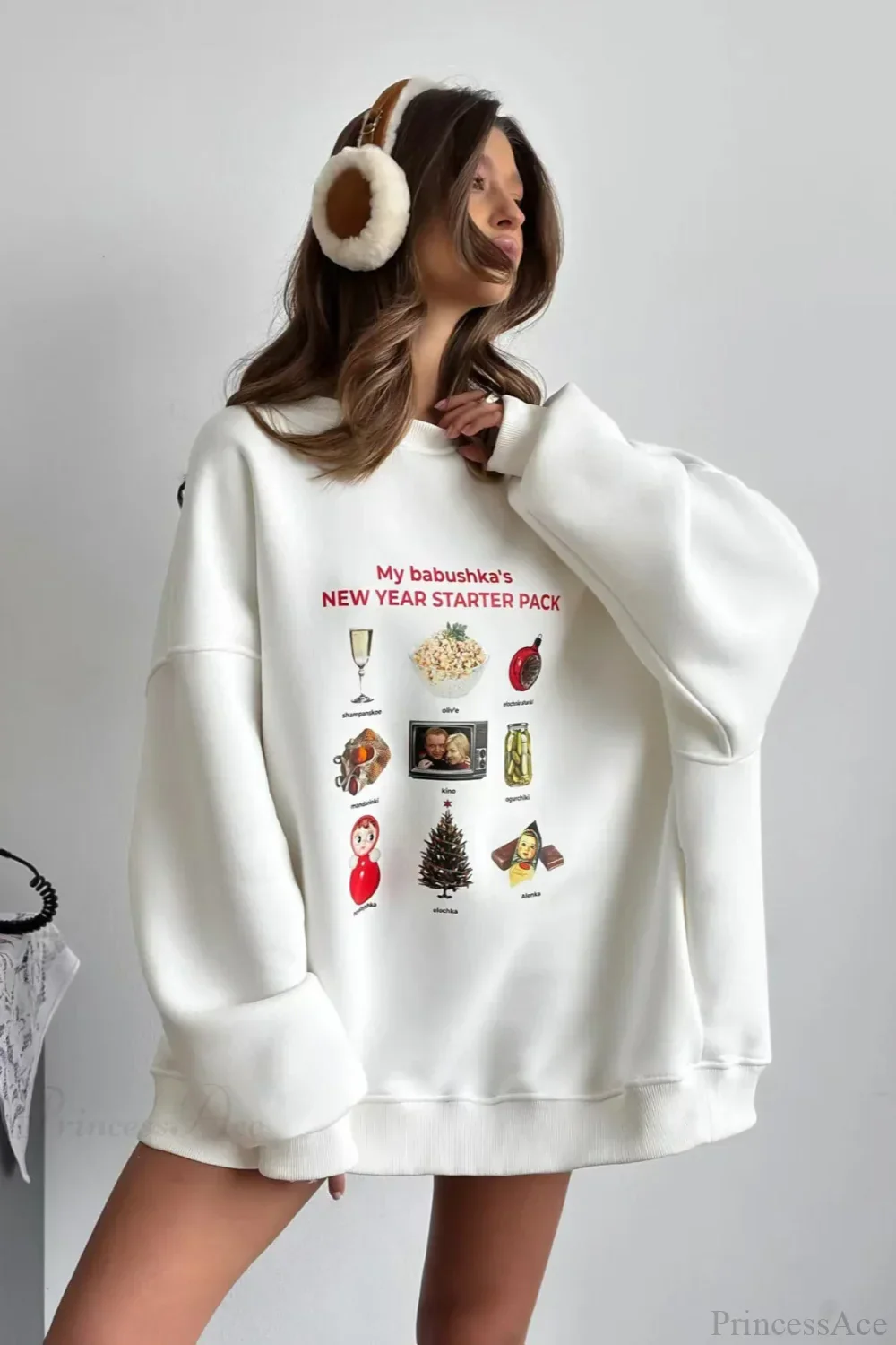 Crew Neck Cartoon Print Fleece Lined Sweatshirt - Image 2