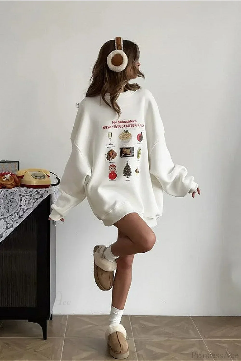 Crew Neck Cartoon Print Fleece Lined Sweatshirt - Image 3