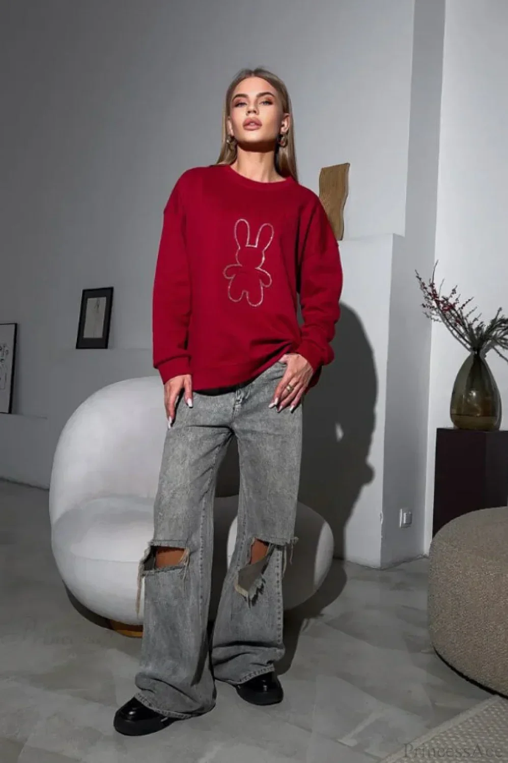 Crew Neck Chic Oversized Embossed Rabbit Sweatshirt - Image 12