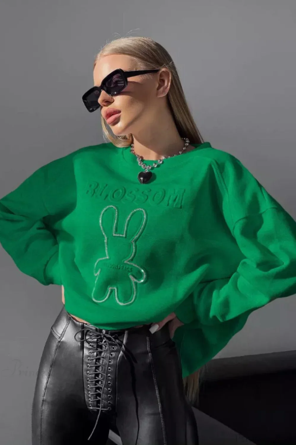 Crew Neck Chic Oversized Embossed Rabbit Sweatshirt - Image 13