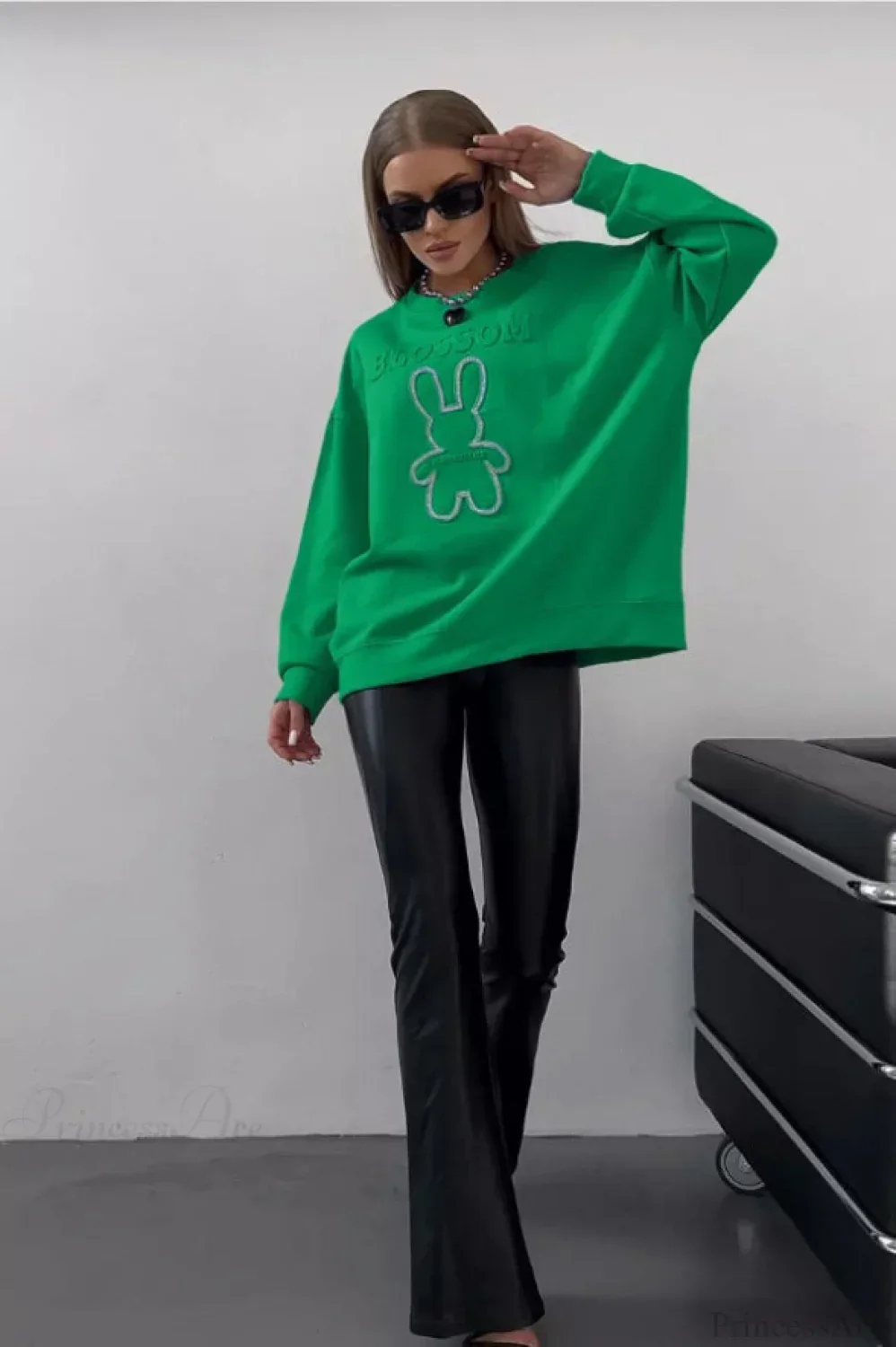 Crew Neck Chic Oversized Embossed Rabbit Sweatshirt - Image 14