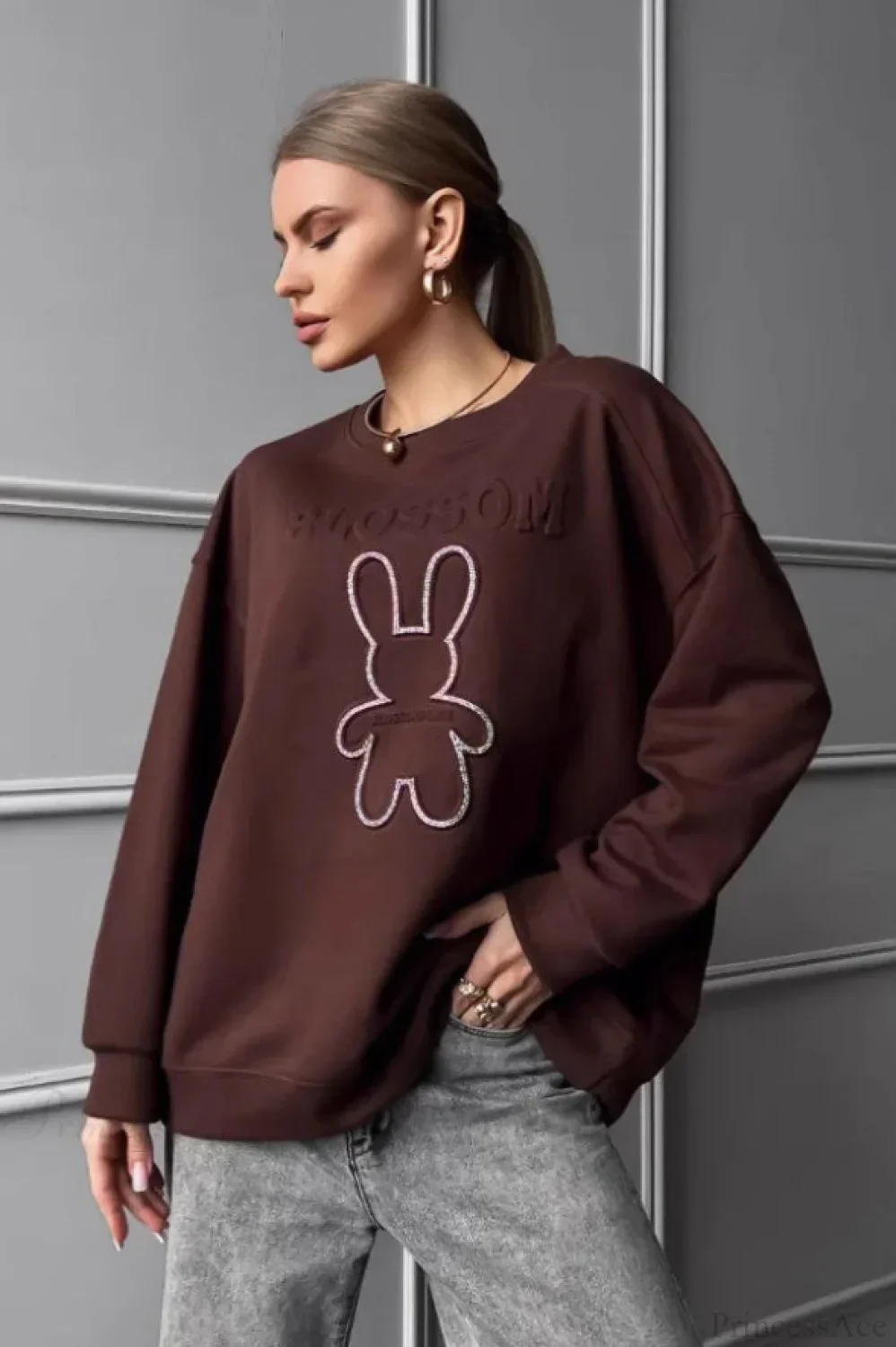 Crew Neck Chic Oversized Embossed Rabbit Sweatshirt - Image 6