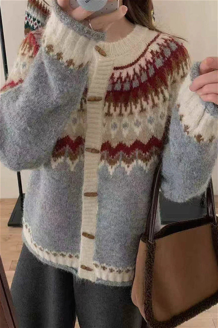 Crew Neck Fair Isle Christmas Horn Button Knit Cardigan - Image 2