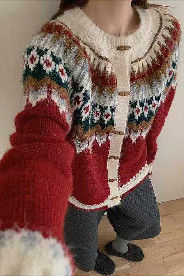 Crew Neck Fair Isle Christmas Horn Button Knit Cardigan - Image 3