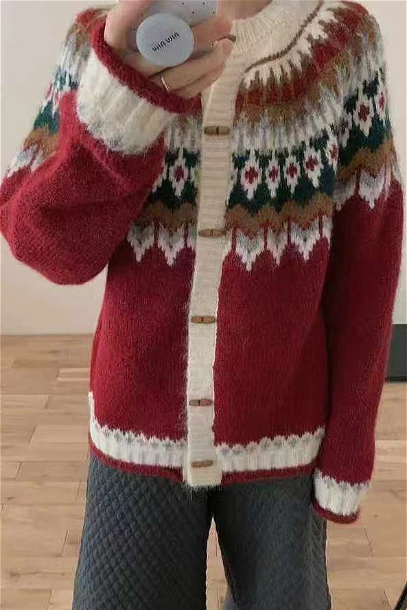 Crew Neck Fair Isle Christmas Horn Button Knit Cardigan - Image 4