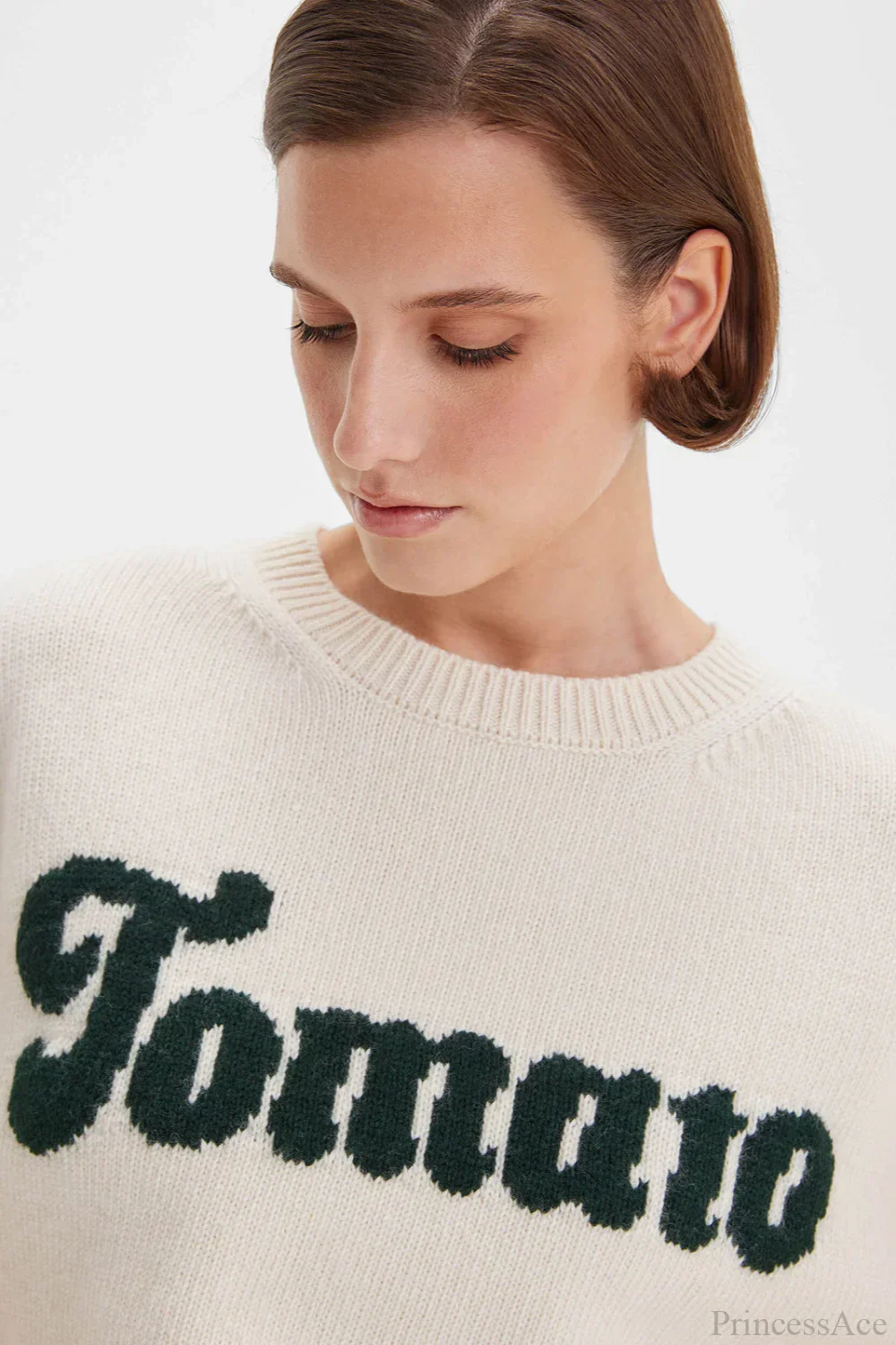 Crew Neck Letter Jacquard Loose Knit Sweater - Image 2